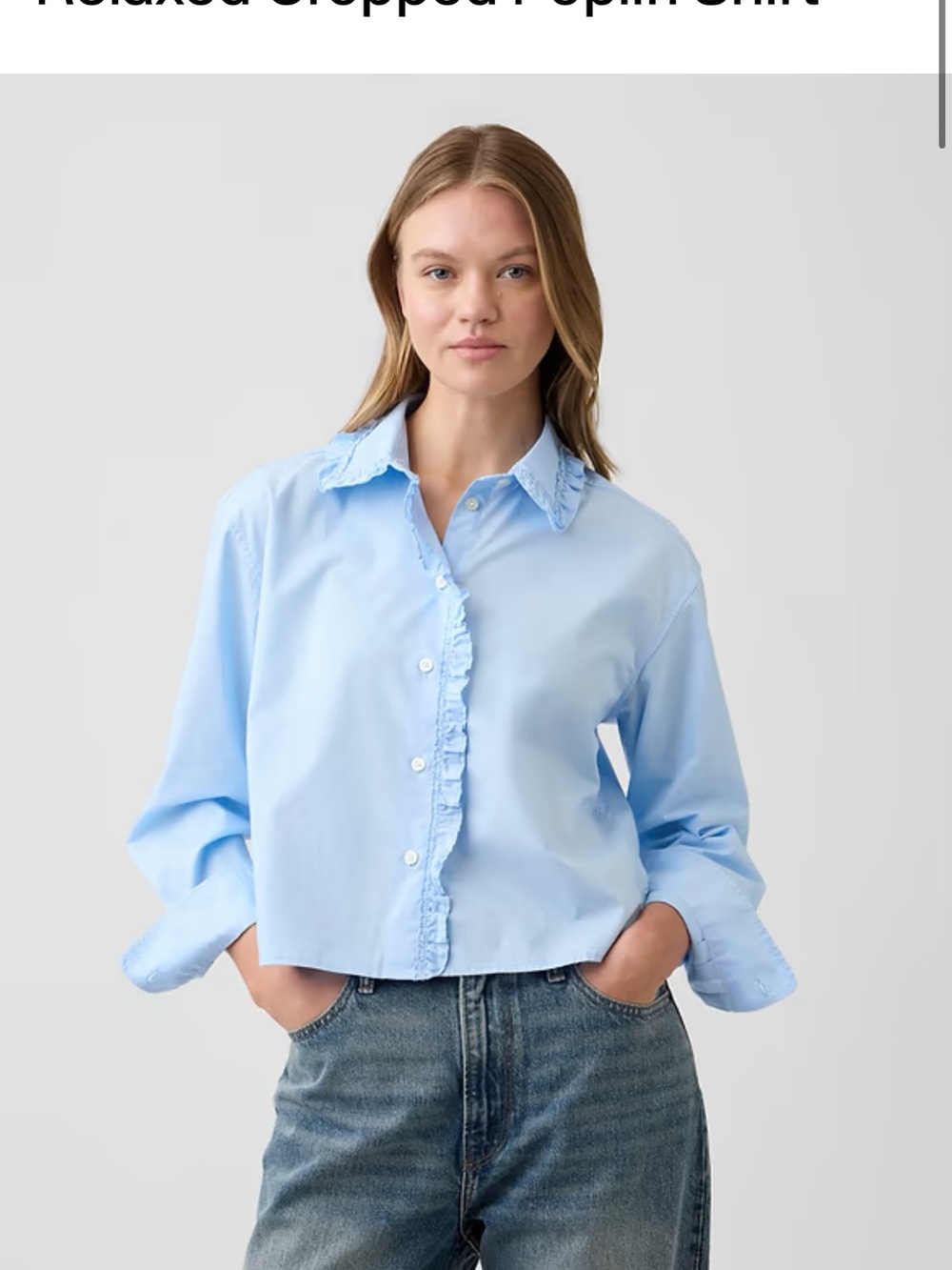 GAP Factory Light Blue Cropped Poplin Shirt with Ruffle Trim